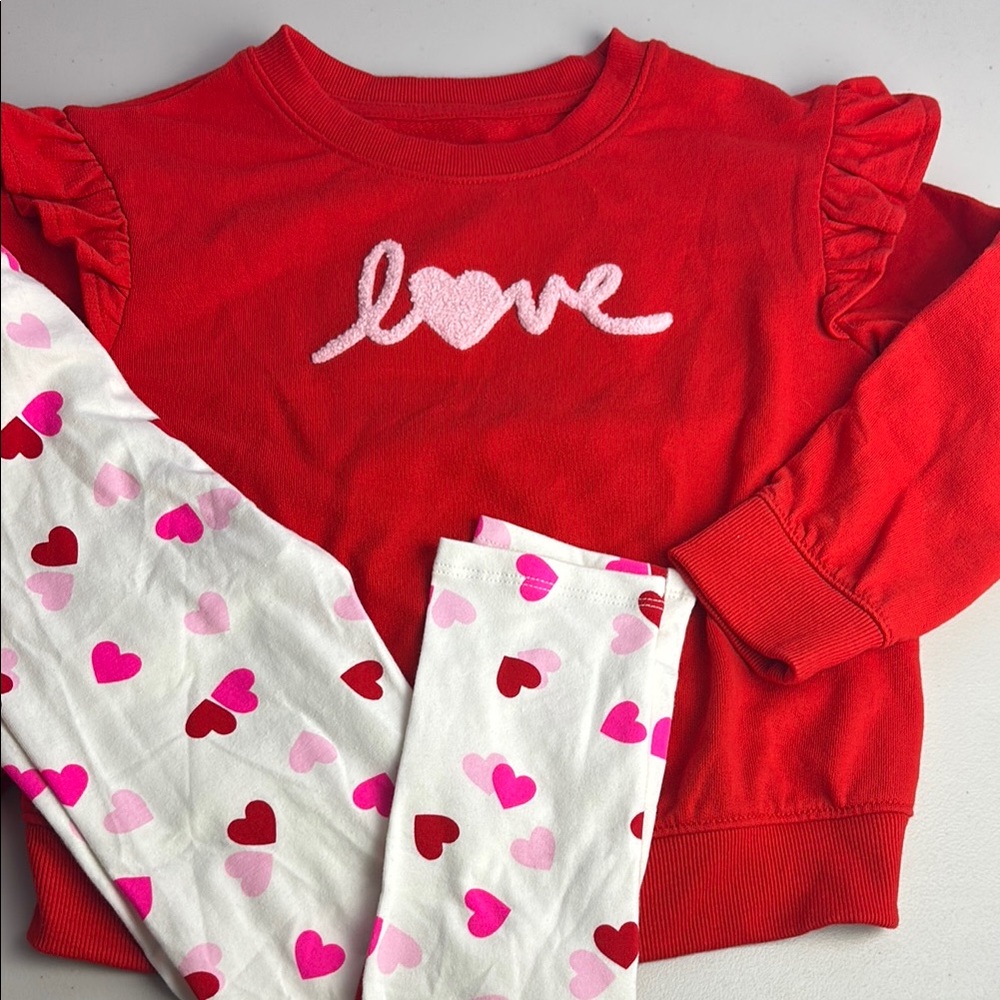 NWT Cat & Jack Red Ruffled Shoulder Love Valentines Sweatshirt Leggings Set Sz 5